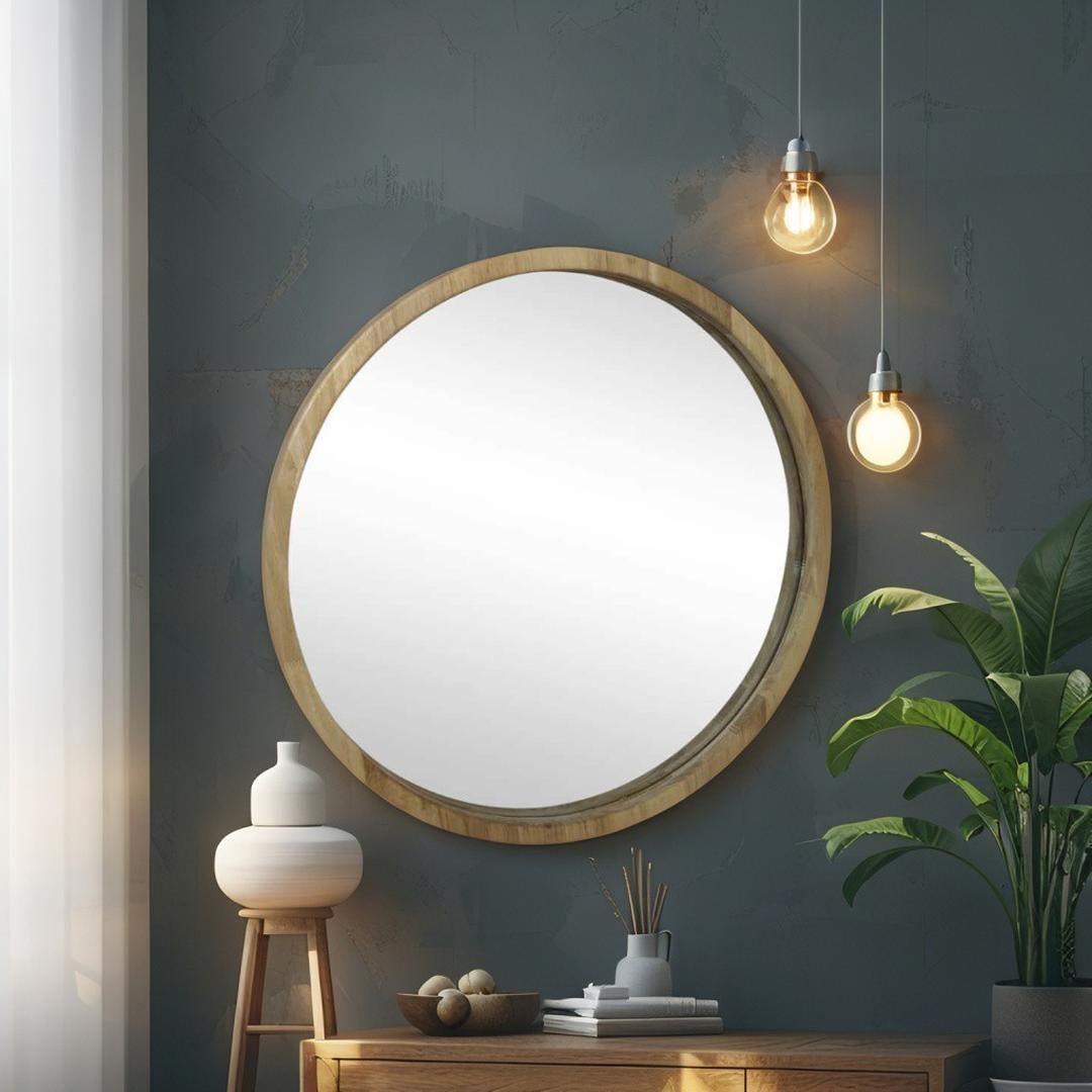 Sedna Scandinavian Round Wood Wall Mirror 60cm