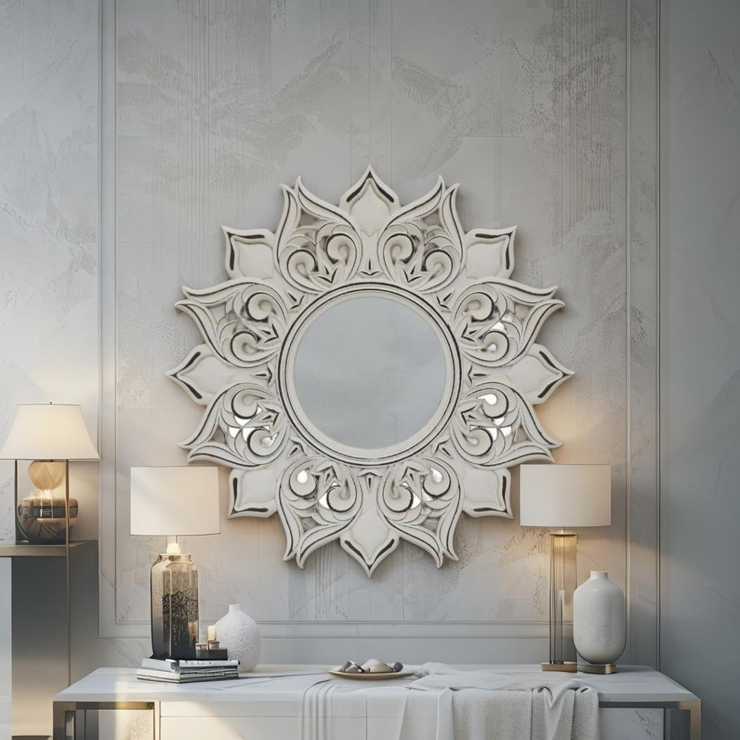 Chantelle Ornate Fleur Round Mirror White 80cm