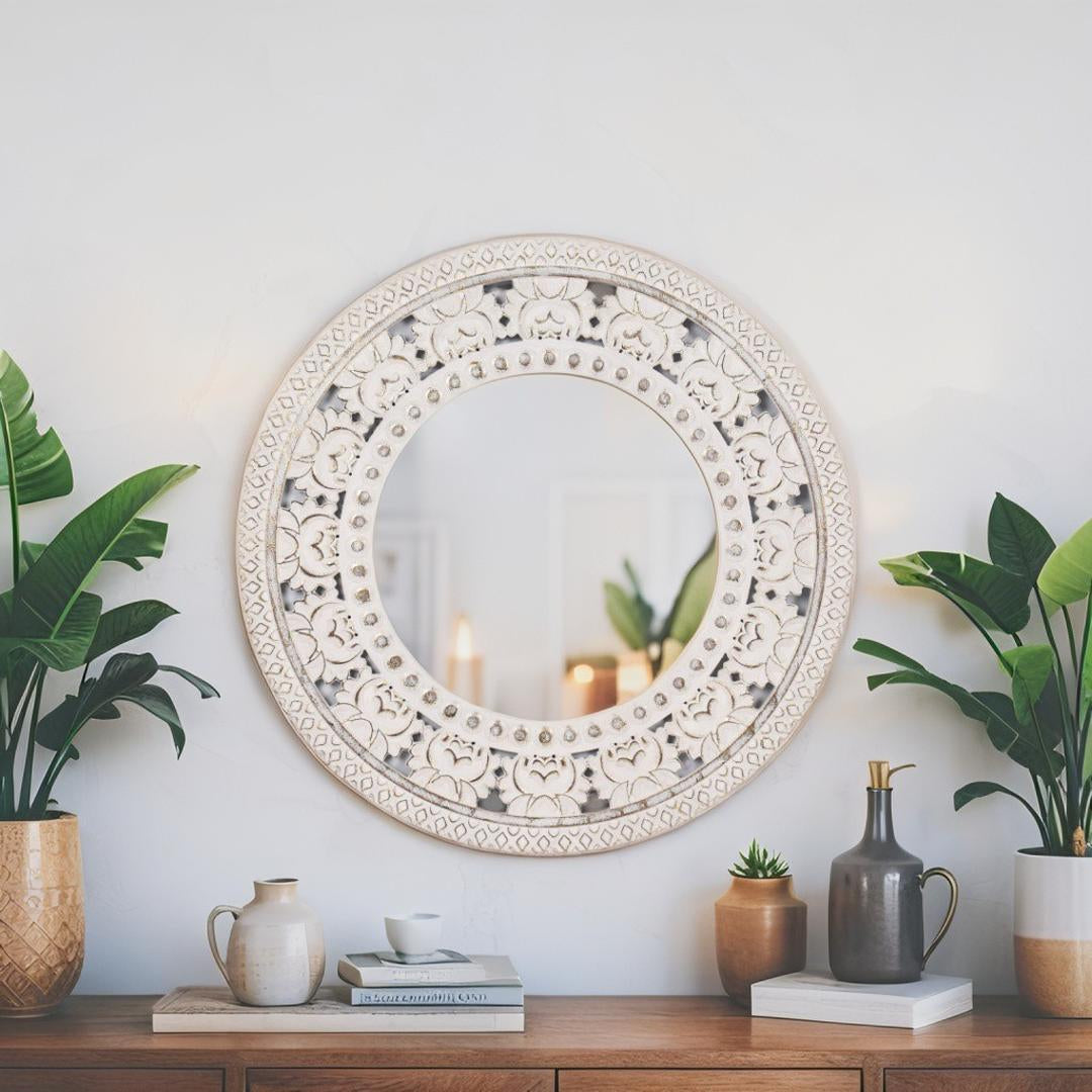 Valencia Ornate Carved Wall Mirror White Gold 80cm