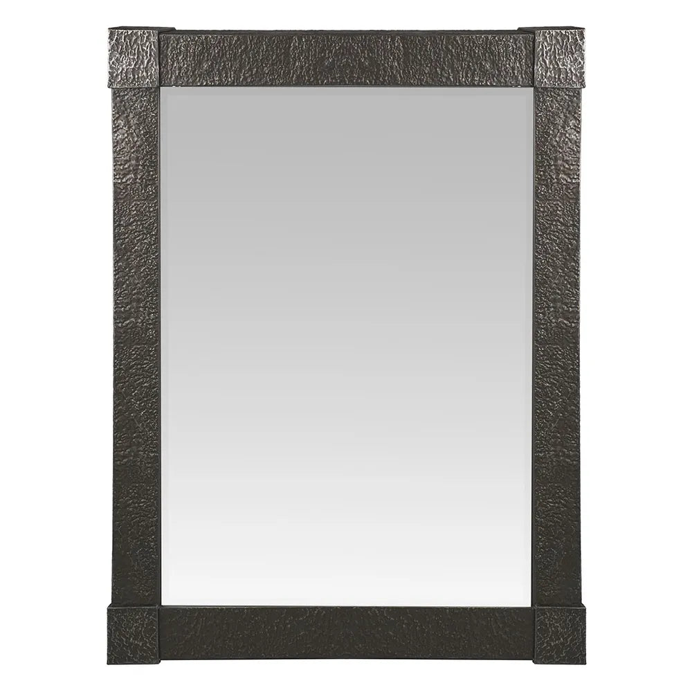 Rectangular mirror with a textured black frame on a white background