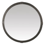 Round mirror with textured bronze iron frame on a white background