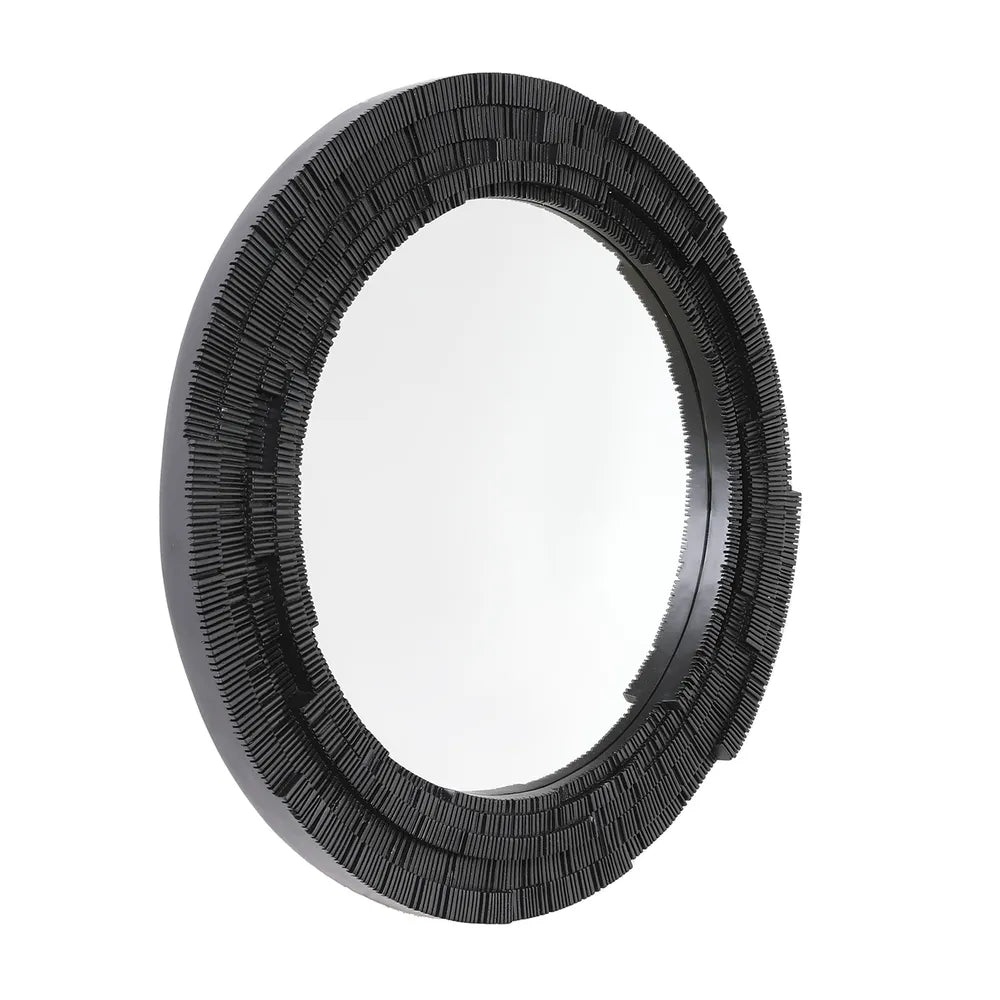 Dunbar Wall Mirror Round mirror with black textured frame on a white background