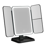 Tri-fold makeup mirror with LED lights on a white background