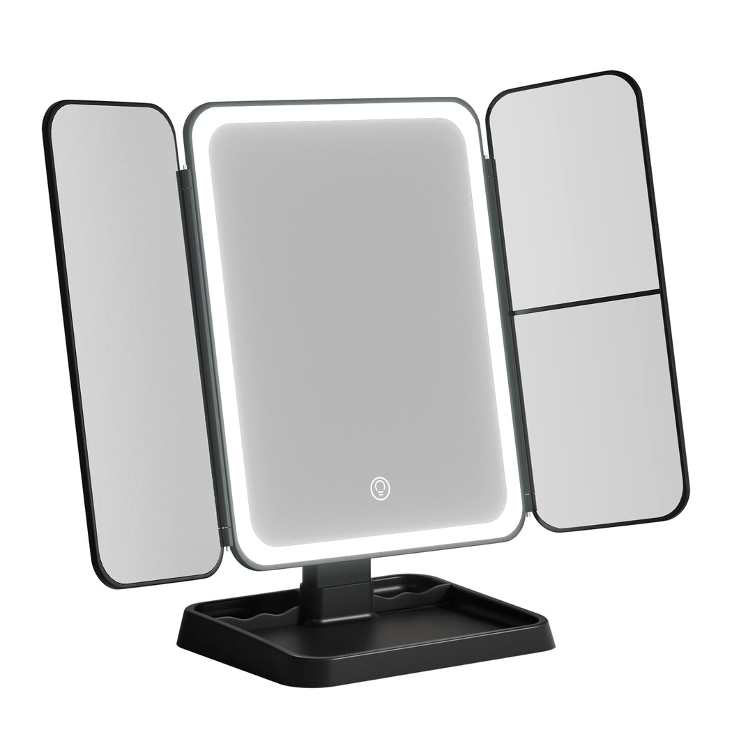 Tri-fold makeup mirror with LED lights on a white background