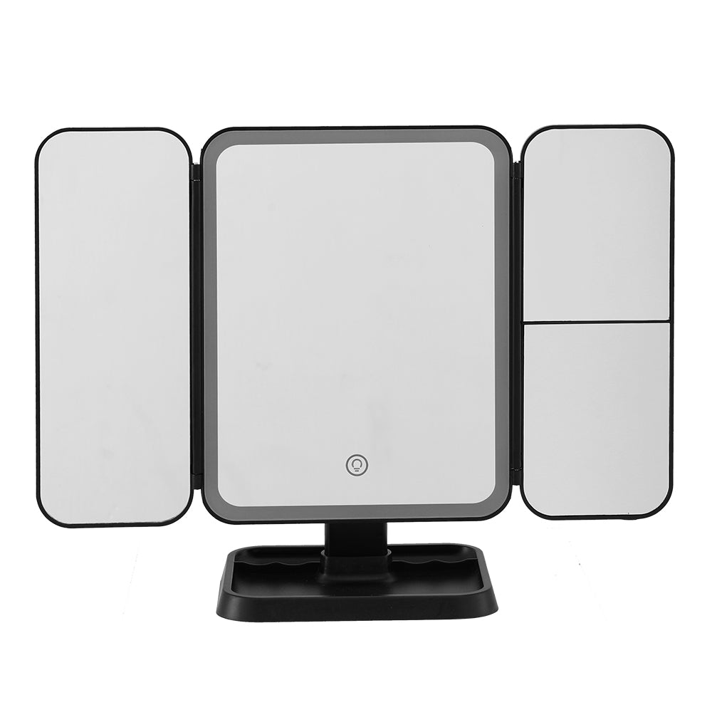 Makeup mirror with three reflective panels on a white background
