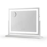 Ember Embellir LED makeup mirror 58x46cm with 3 colour temps, adjustable brightness, 360° swivel, USB charging, phone holder and 10x magnifier.