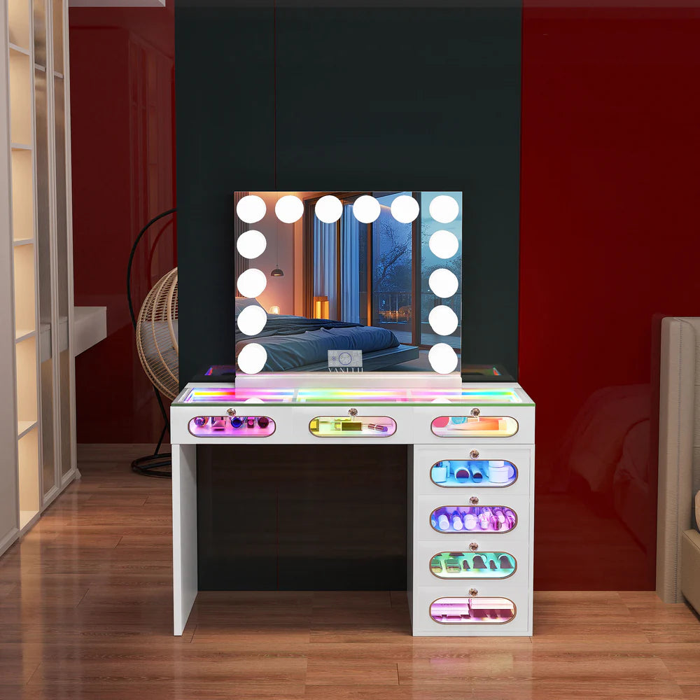 Vanitii Priscilla Vanity Desk with LED Lights 7 Glass Fronted Drawers RGB