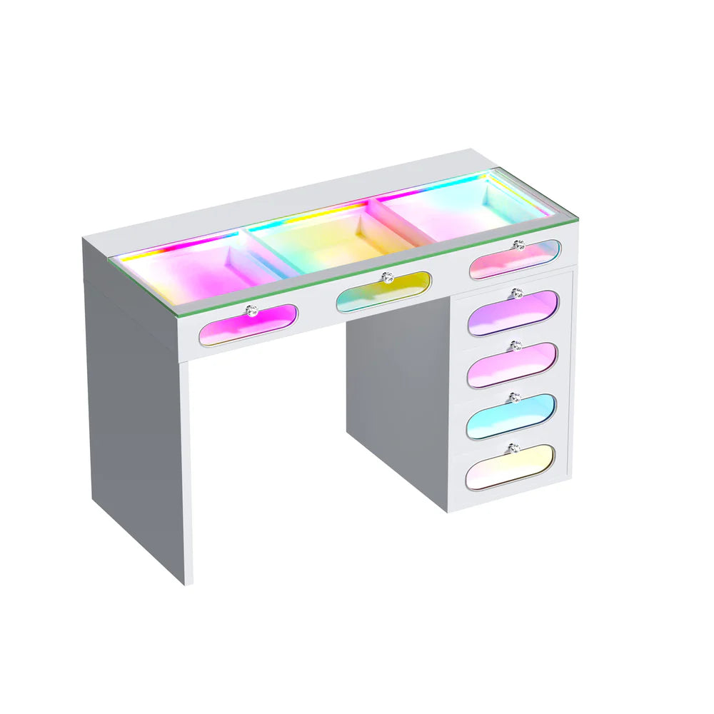 Vanitii Priscilla Vanity Desk with LED Lights 7 Glass Fronted Drawers RGB