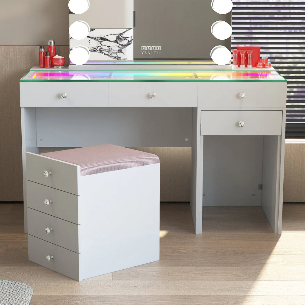 Vanitii Diana Vanity Desk Pro with RGB LED Lighting and Stool