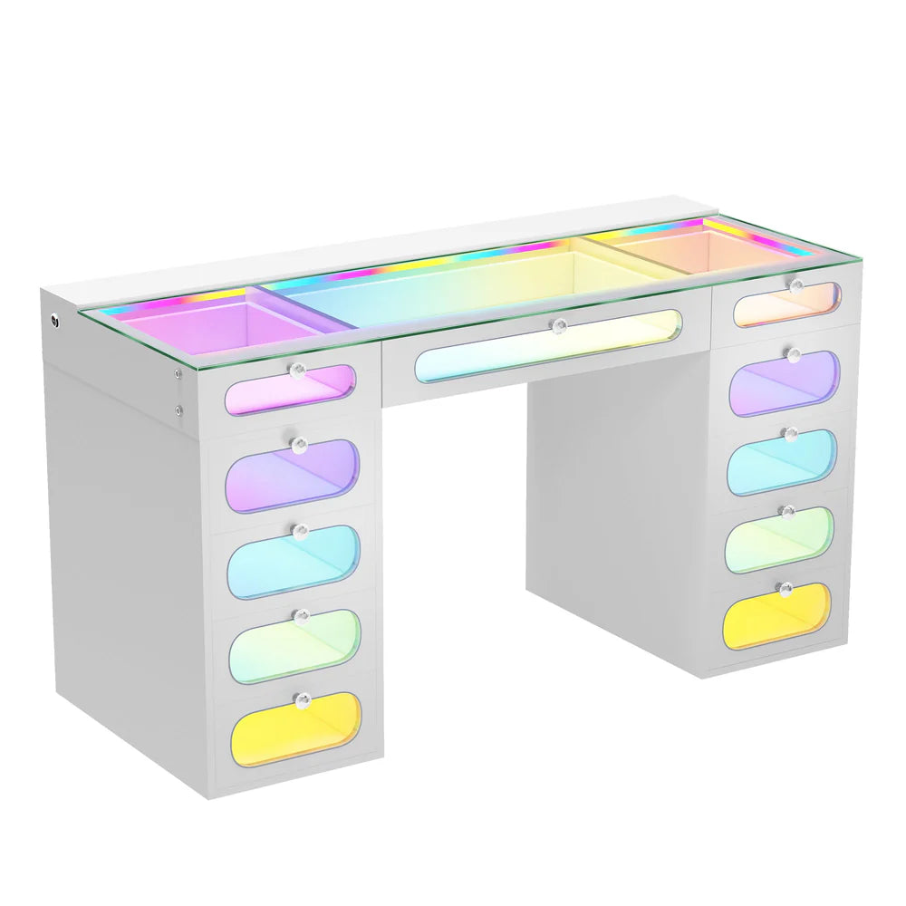 Vanitii Priscilla Vanity Desk with LED Lights 11 Glass Fronted Drawers RGB