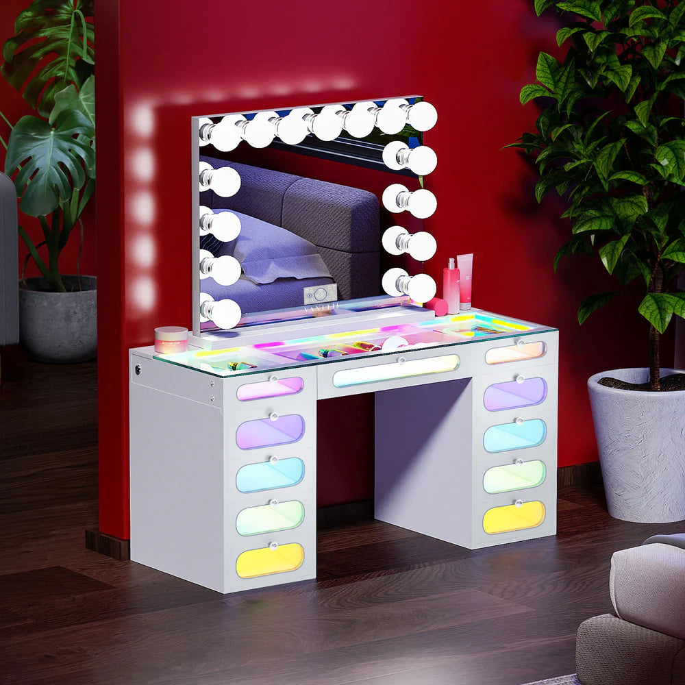Vanitii Priscilla Vanity Desk with LED Lights 11 Glass Fronted Drawers RGB