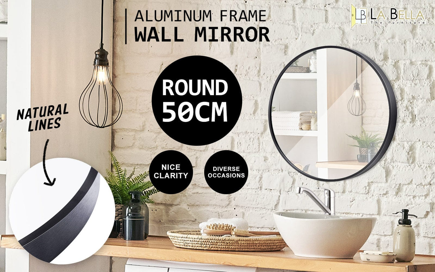 La Bella Round Bathroom Wall Mirror Black |  V274-FT-BM-ALUR-BK50