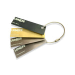 Lumixe color swatch card with keychain on a white background
