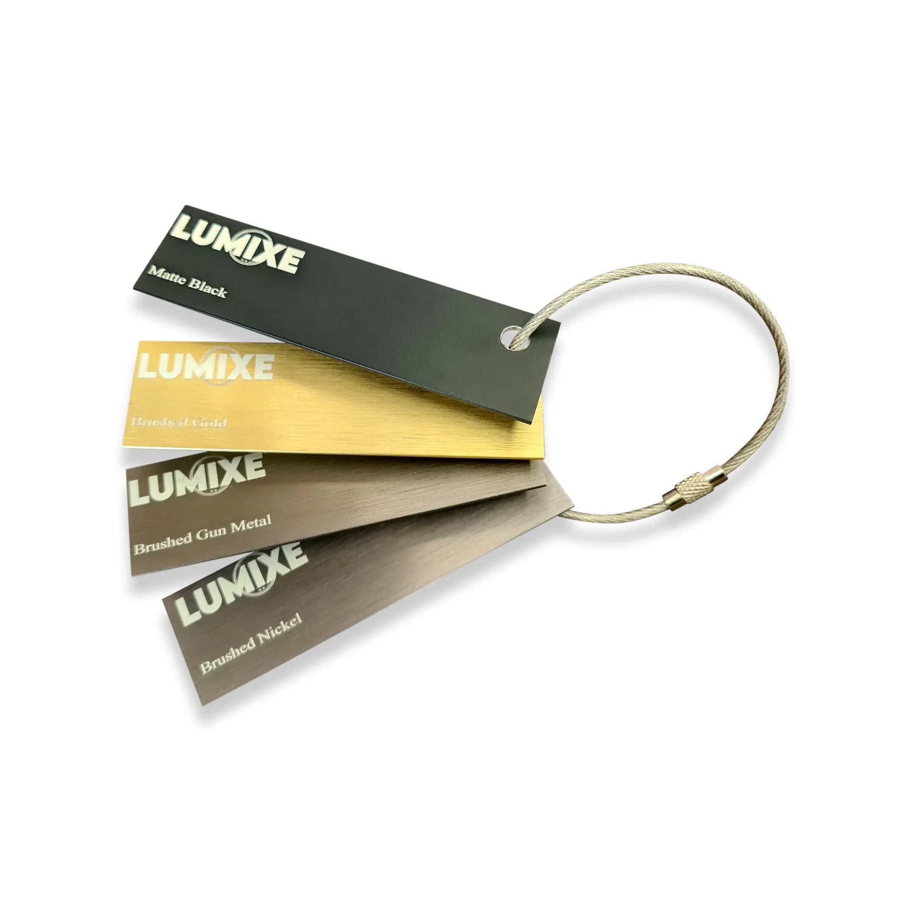 Lumixe color swatch card with keychain on a white background