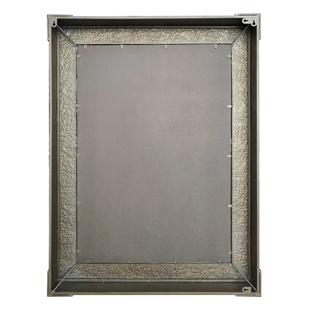 Decorative rectangular mirror with a textured silver frame on a white background
