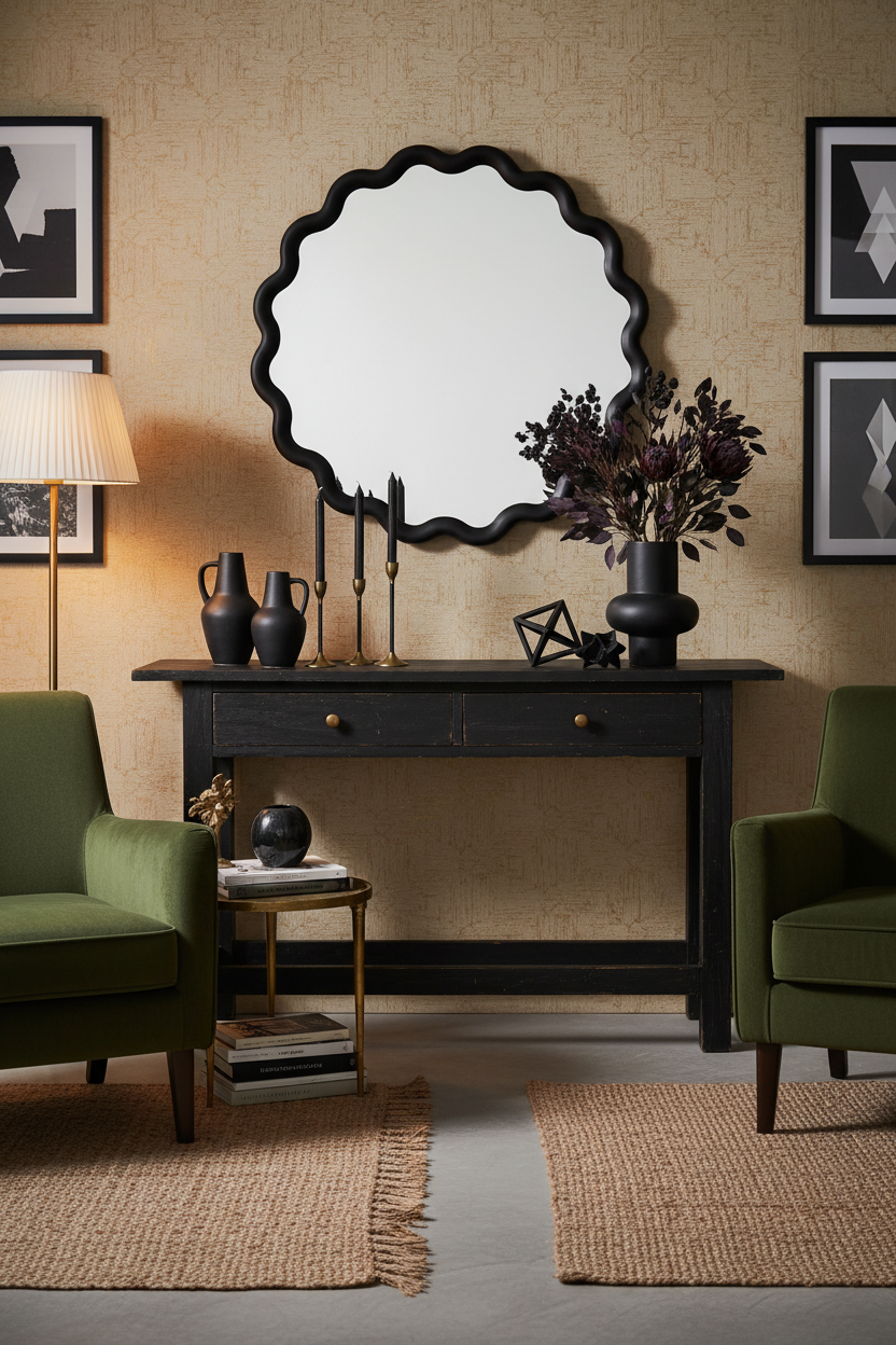 Eli Wavy Round Black Wall Mirror 60cm x 60cm