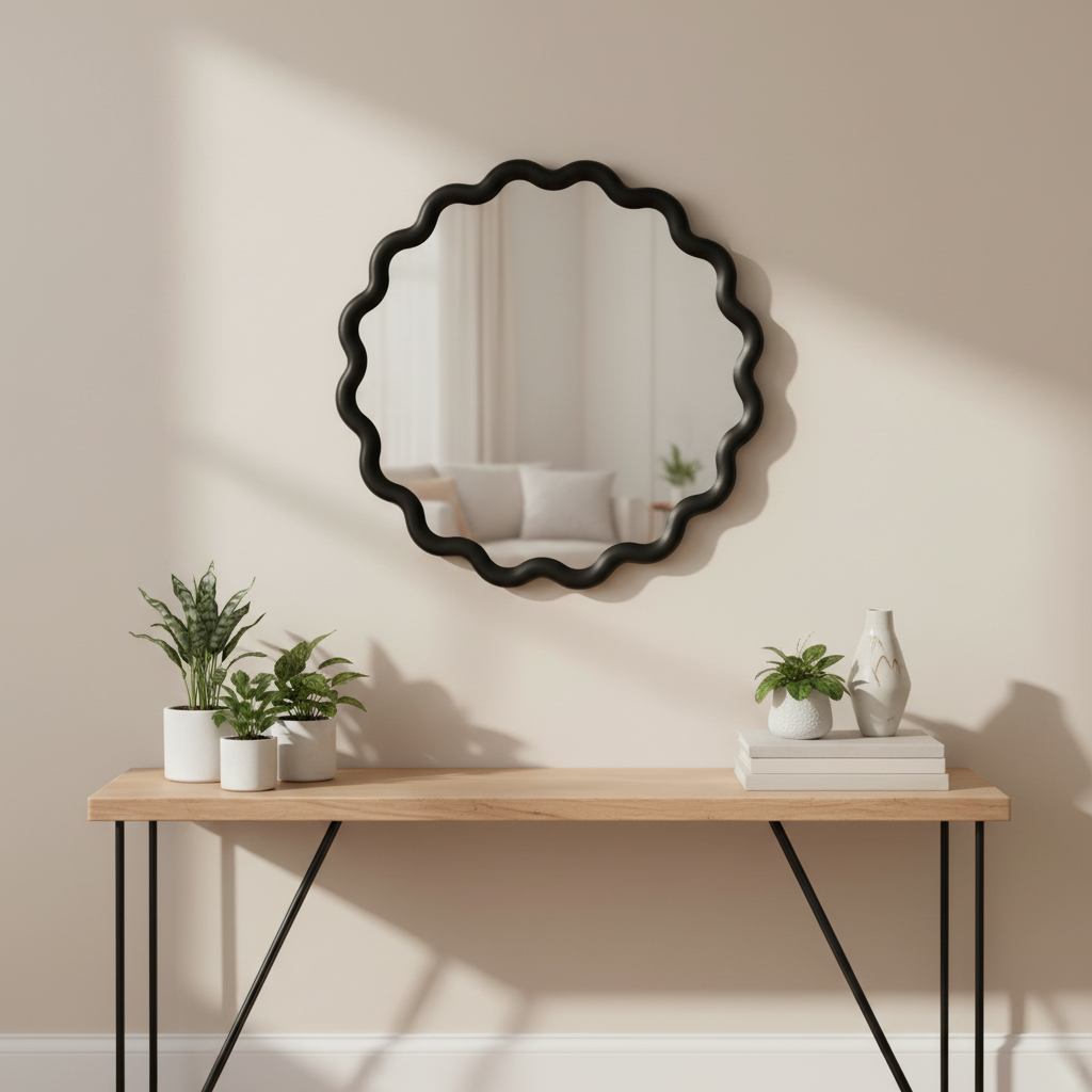 Eli Wavy Round Black Wall Mirror 60cm x 60cm