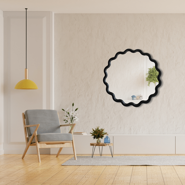 Eli Wavy Round Black Wall Mirror 60cm x 60cm