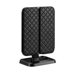 Black quilted phone stand on a white background