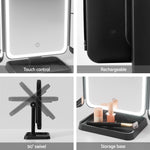 Collage of features including touch control, rechargeability, 90-degree swivel, and storage base of a vanity mirror.