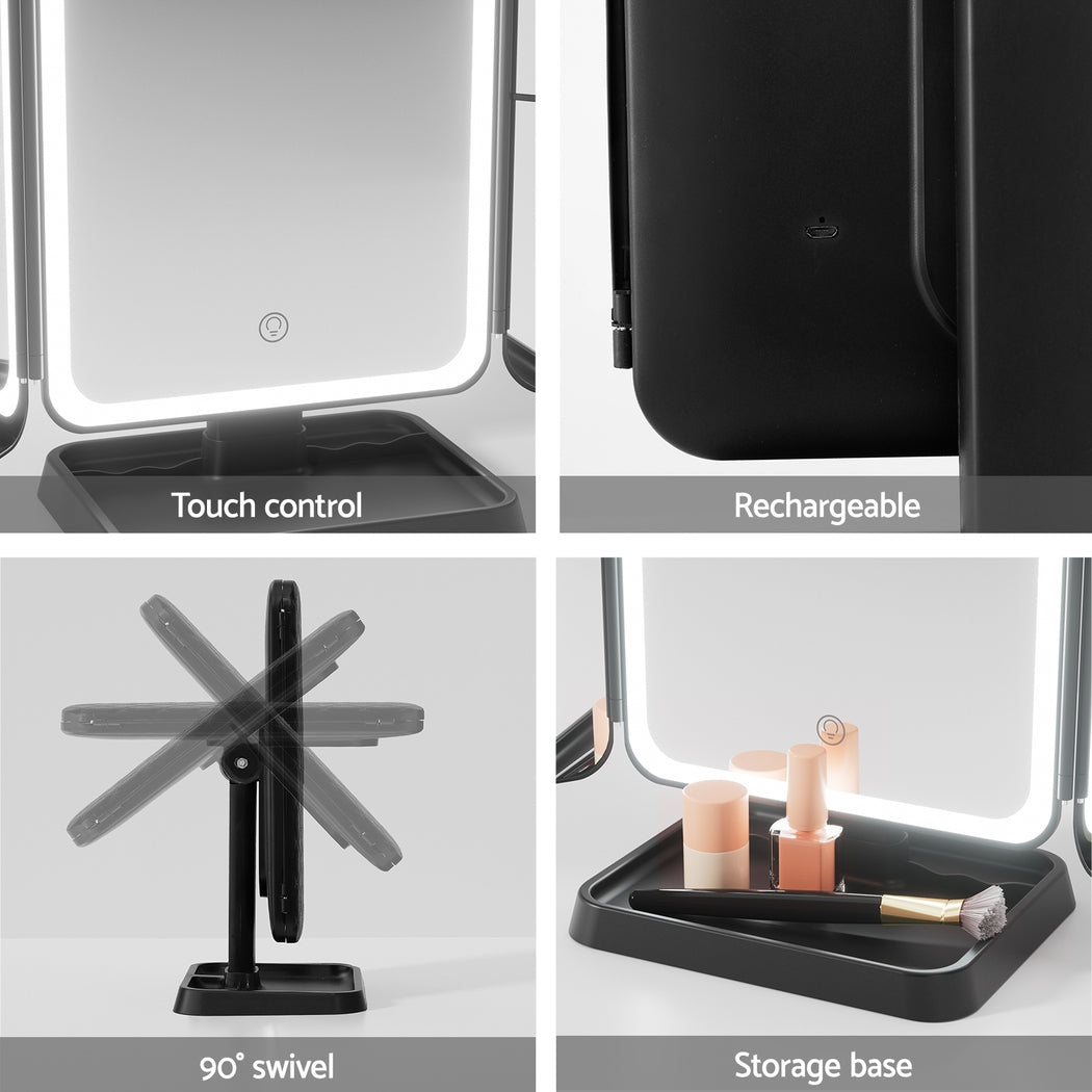 Collage of features including touch control, rechargeability, 90-degree swivel, and storage base of a vanity mirror.
