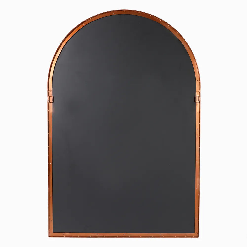 Arched mirror with a brown frame on a white background