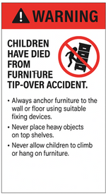 Warning sign about furniture tip-over accidents with text and icon on a white background