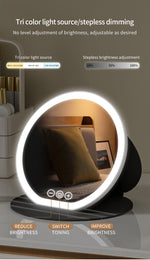 Lighted circular mirror with control panel on a neutral background