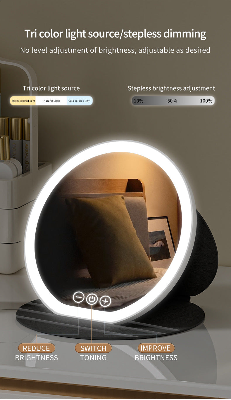 Lighted circular mirror with control panel on a neutral background