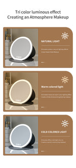 Tri-color luminous effect display with natural, warm, and cold light options on a brown background.