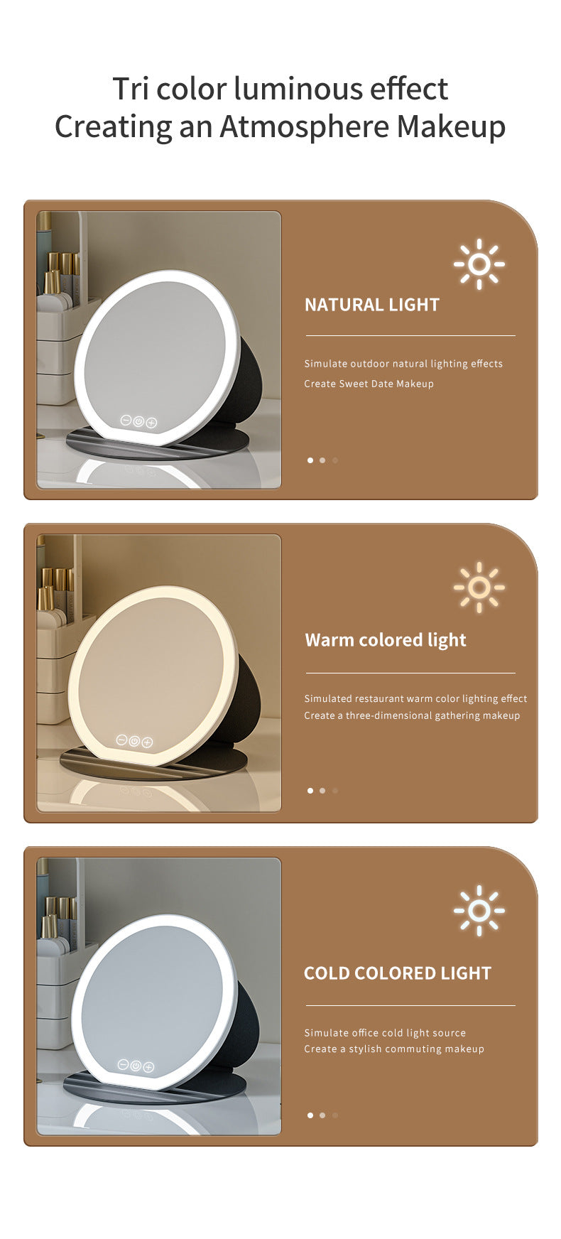 Tri-color luminous effect display with natural, warm, and cold light options on a brown background.