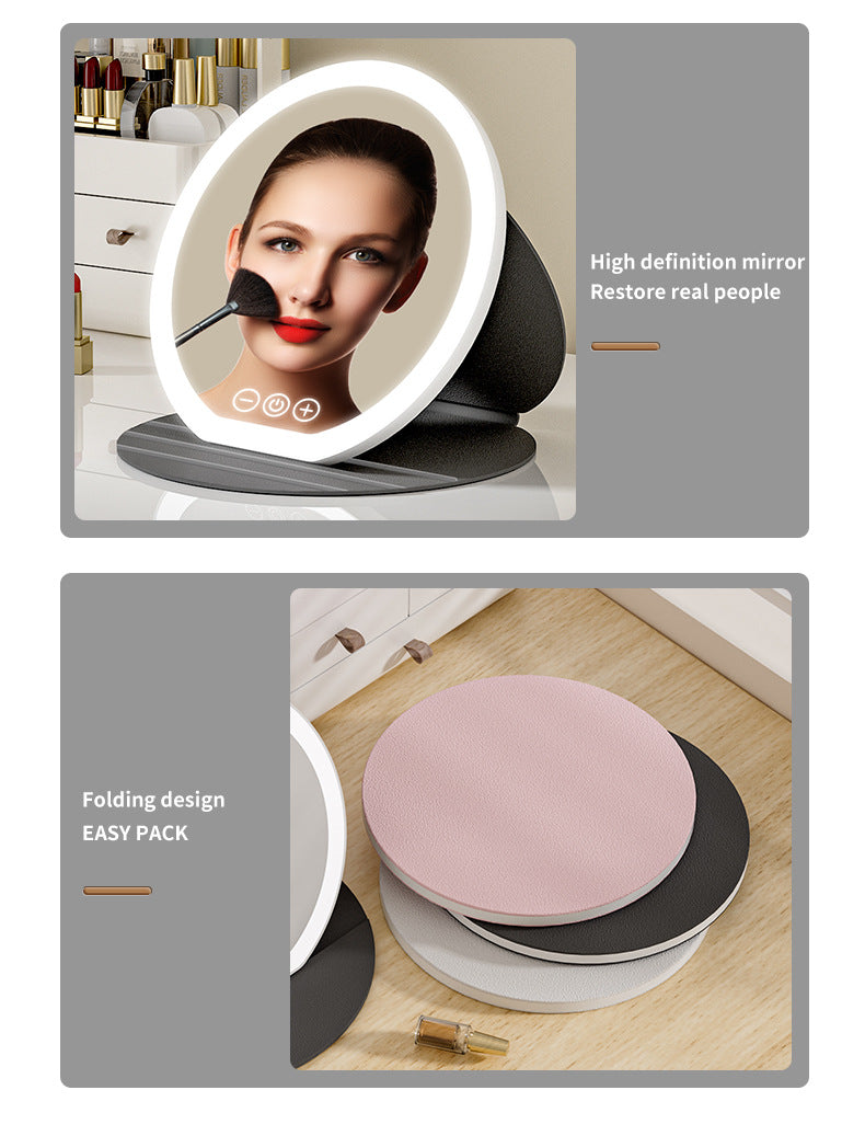 Makeup mirror with LED lights and folding design on a white background