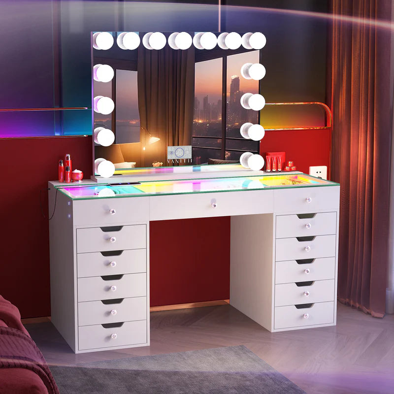 Vanitii Eva Vanity Desk Pro with RGB Lighting - White and Hollywood Mirror