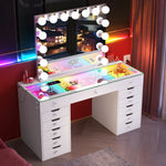 Vanitii Eva Vanity Desk Pro with RGB Lighting - White and Hollywood Mirror