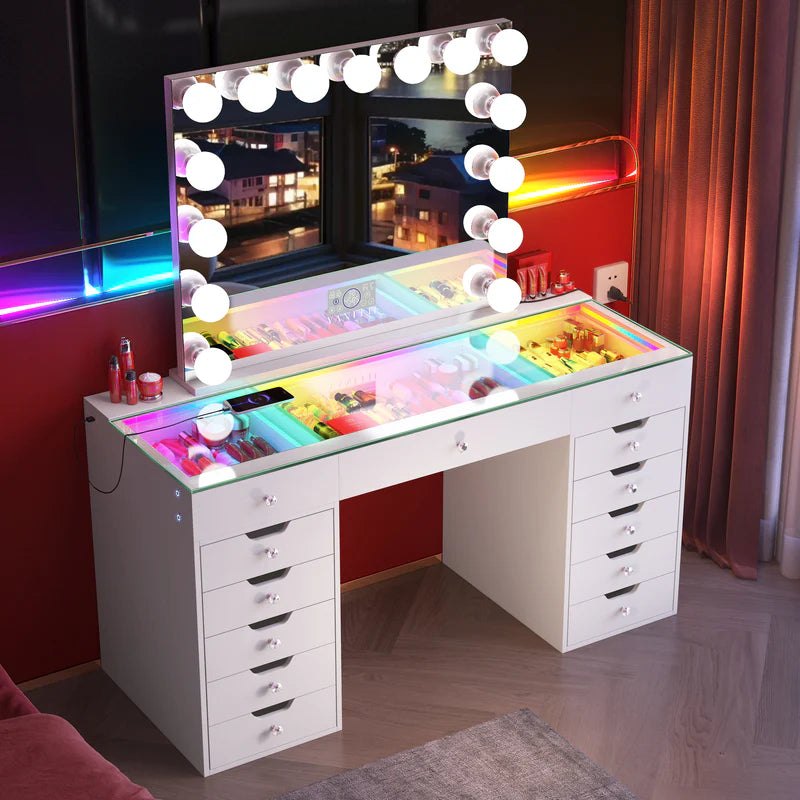 Vanitii Eva Vanity Desk Pro with RGB Lighting - White and Hollywood Mirror