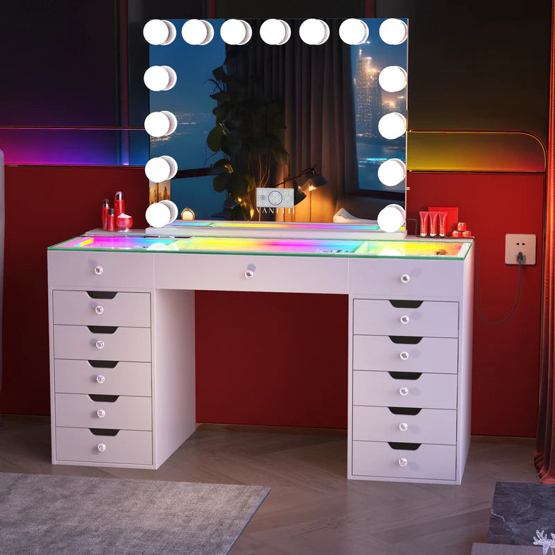 Vanitii Eva Vanity Desk Pro with RGB Lighting - White and Hollywood Mirror